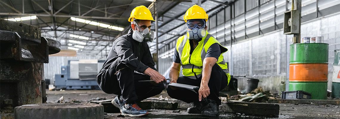 Technicians wearing gas masks and working in a warehouse