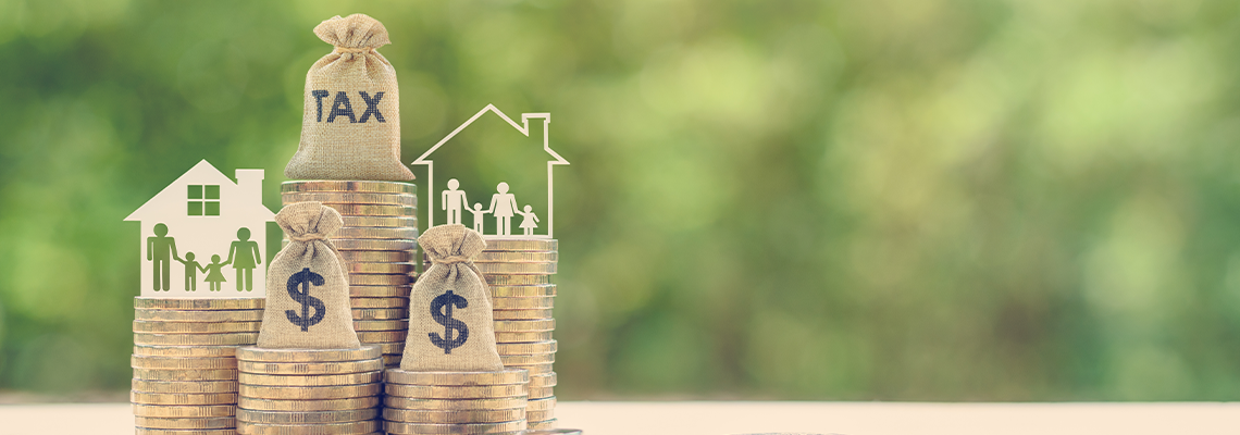 Tax burlap bag, family members, house on rows of coin money