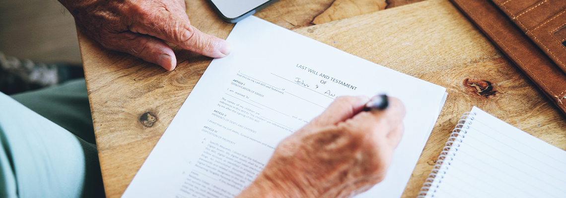 Hands, writing and document for will in home with information