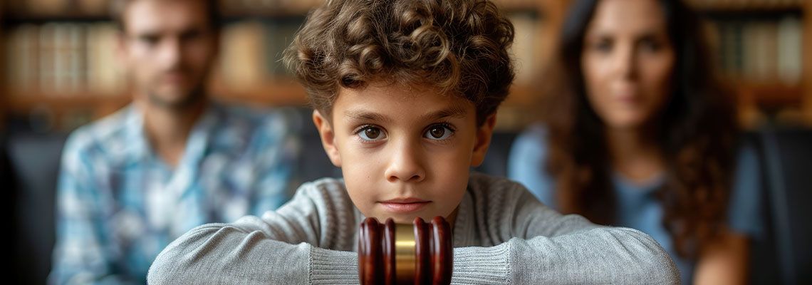 Child and gavel with divorced parent in background