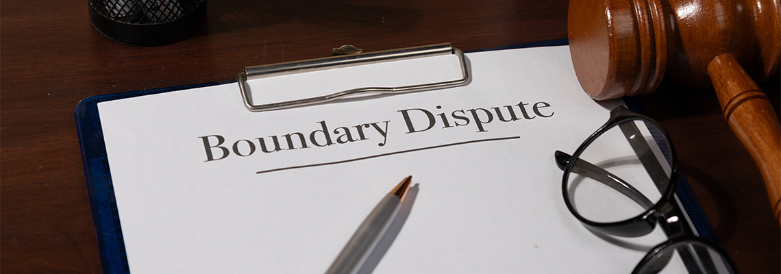 A document titled 'Boundary Dispute' rests on a wooden desk with pen and glasses