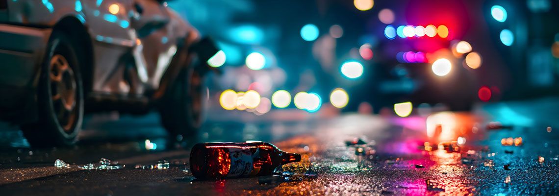 Accident scene with beer bottle in road