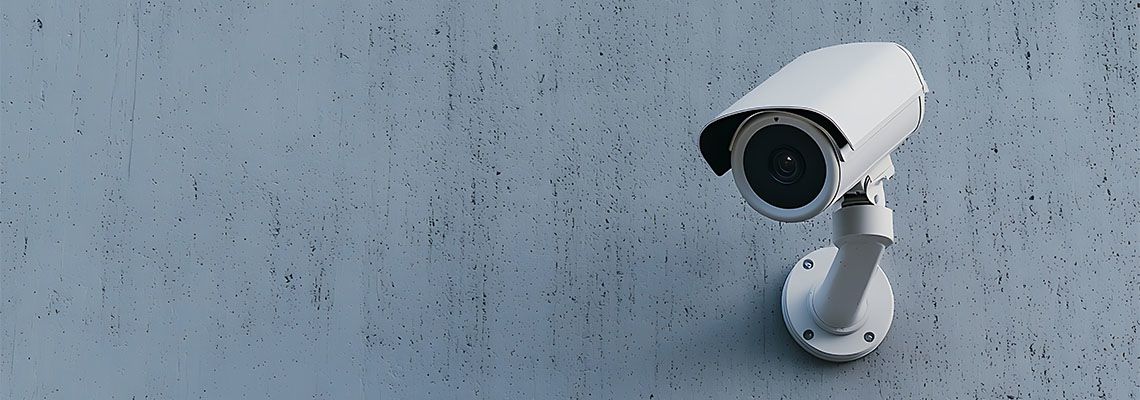 Security camera is mounted on a wall