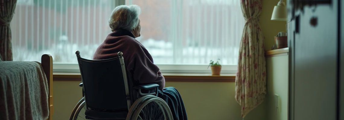 Lonely elderly senior woman in a wheelchair in nursing home