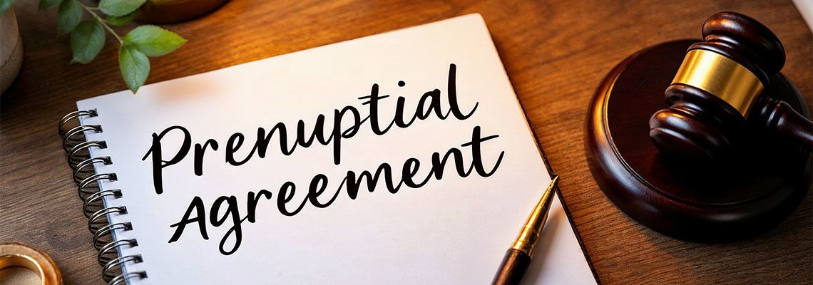 Prenuptial Agreement text on paper and gavel