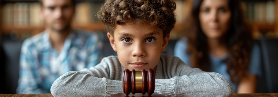 Cute child with gavel and divorced parents in back
