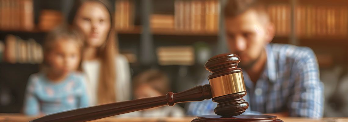 Gavel on table with divorced parents and child in background
