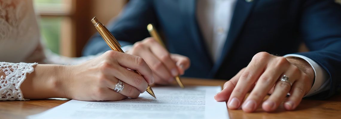 Couples signing prenuptial agreement