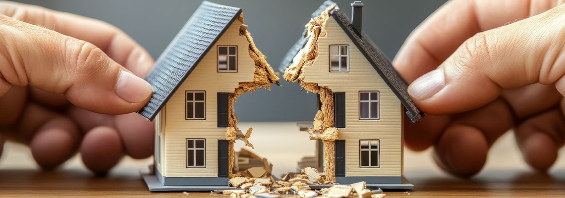 Model house split in two by hands symbolizing divorce and asset division