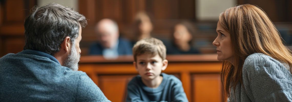 Divorced parents with child in courtroom