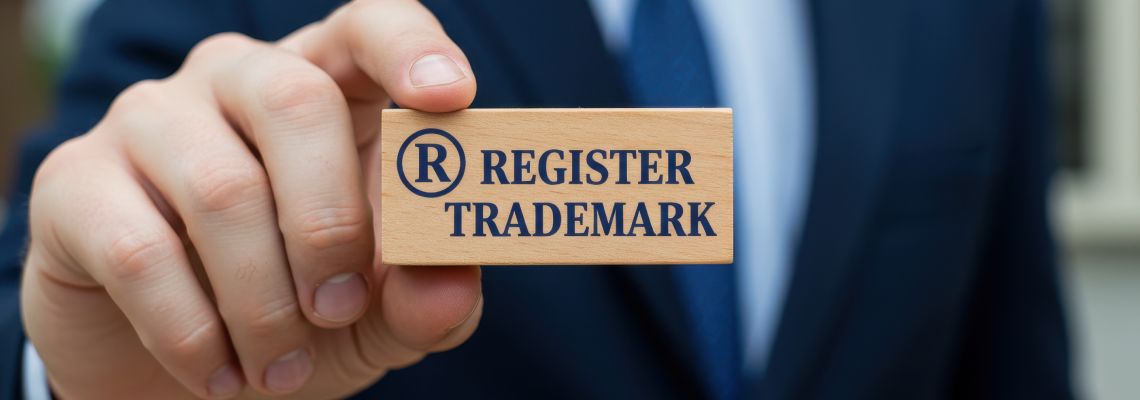 Businessman holding wooden block with words Register Trademark