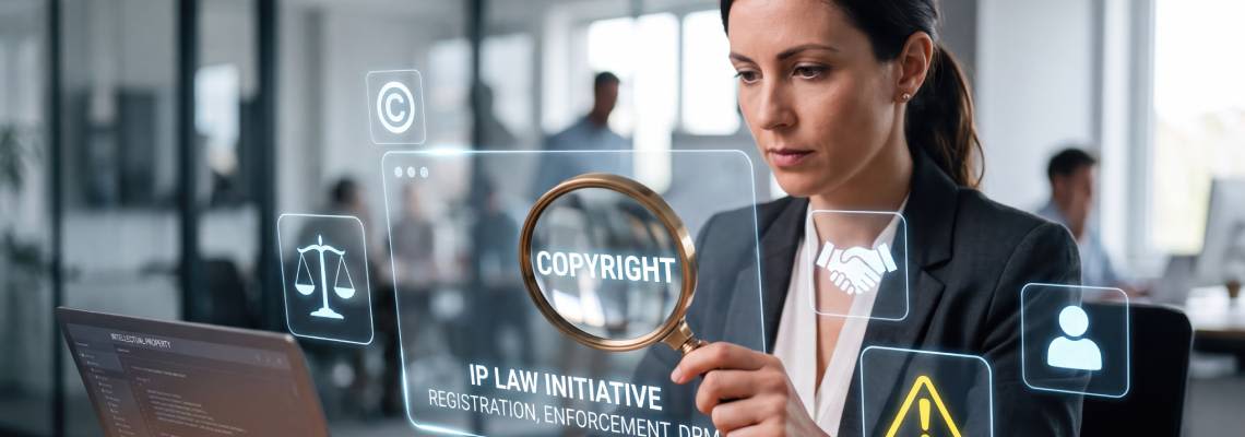 Professional lawyer using digital interface to analyze copyright and legal compliance data