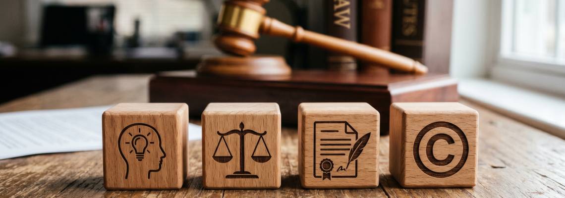 Gavel on table with wooden blocks with Intellectual Property icons