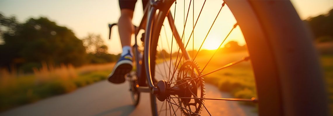 Close up of bicycle wheel in motion at sunset