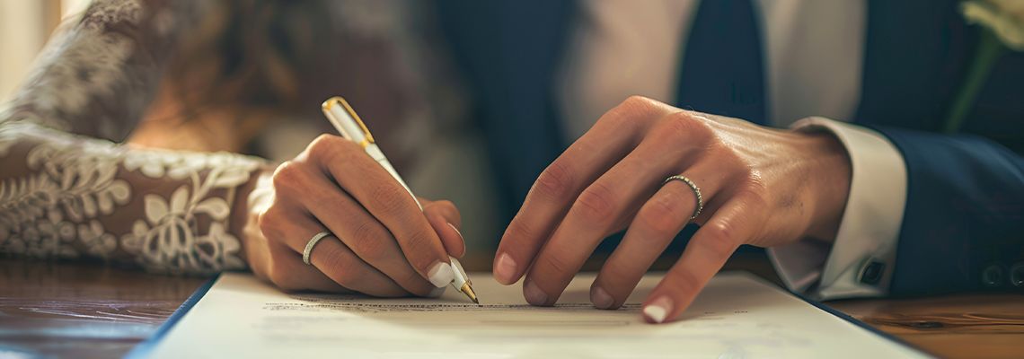 Man, and woman signing Prenuptial agreement
