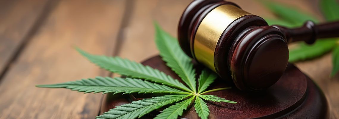 Gavel and marijuana leaf on wooden surface