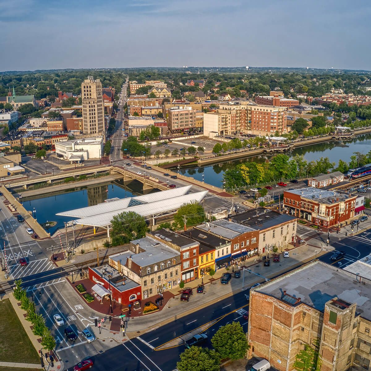 Aerial View of the Chicago Suburb of Elgin, Illinois in Summer