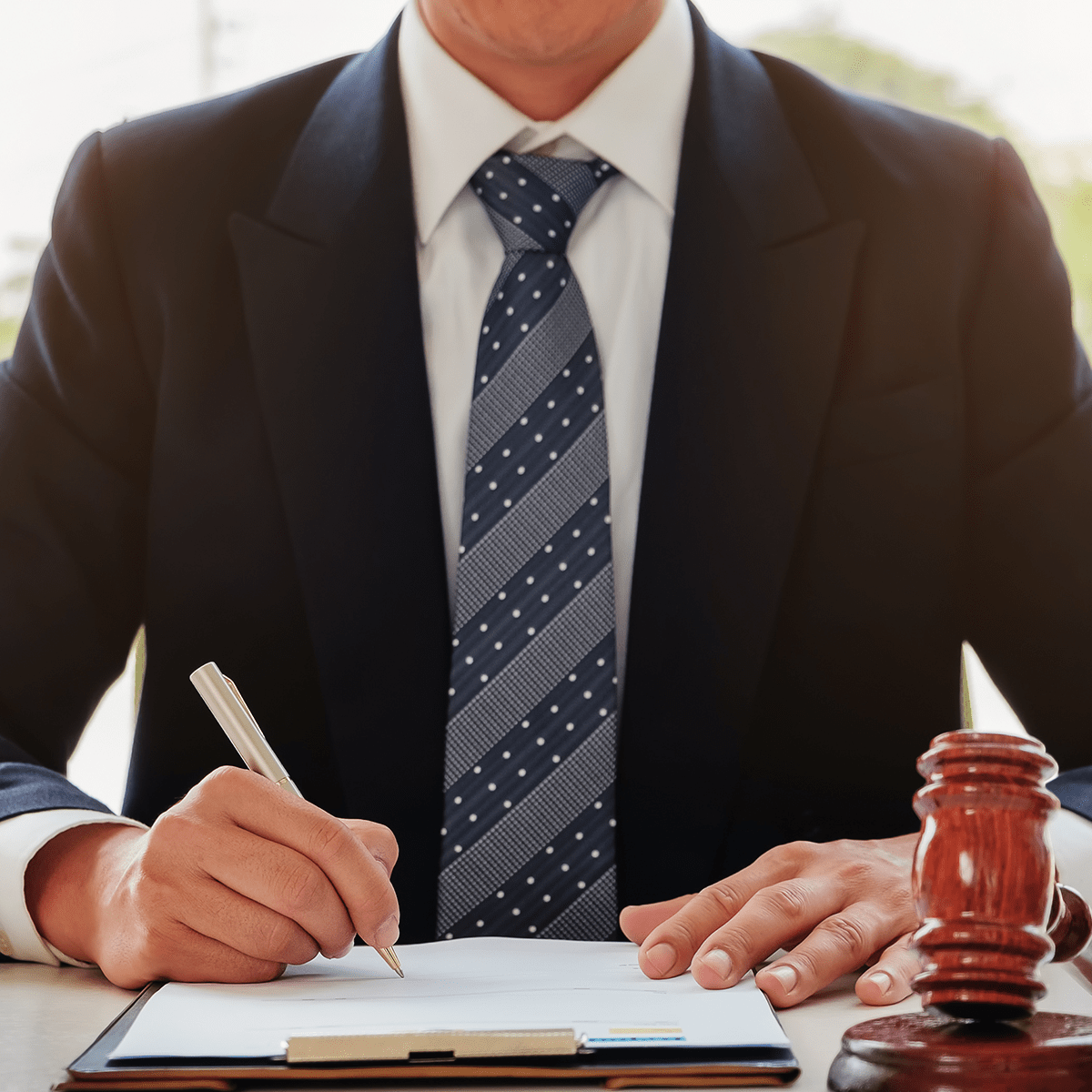 Lawyer concept, Legal professions with legal devices gavel and lawyer brand on desk in office.