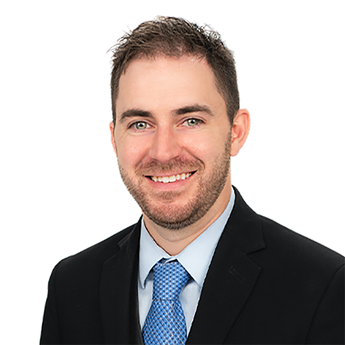 man smiling, wearing blue tie, black suit, white shirt, Matthew Boucher