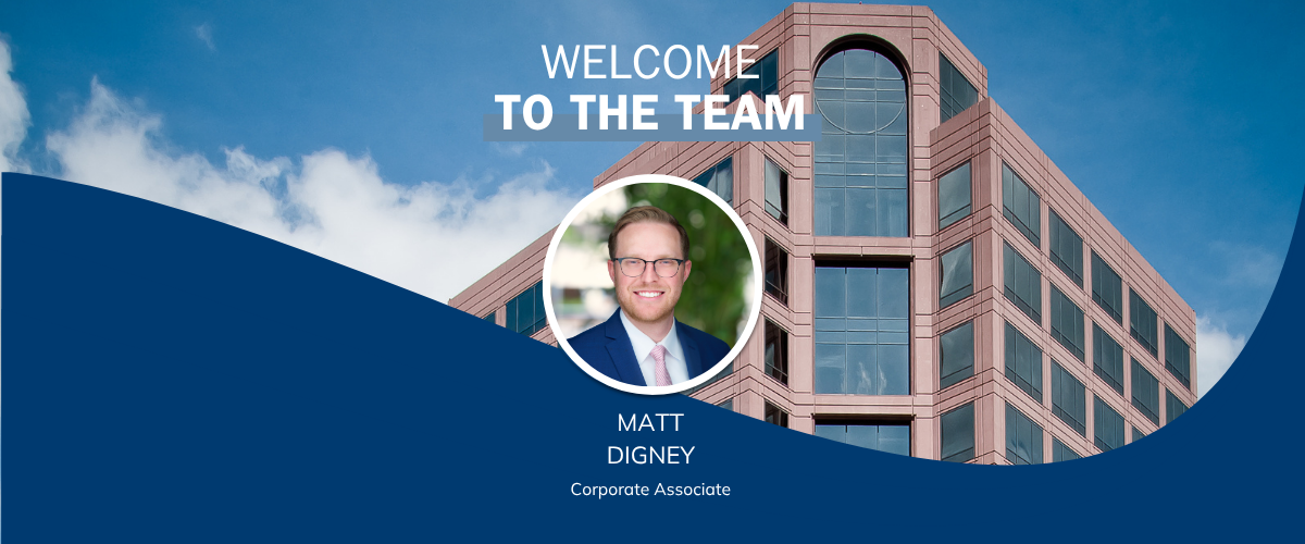 A picture of the Orlando office building with a welcome picture that says 'Welcome to the team - Matt Digney- Corporate Associate'