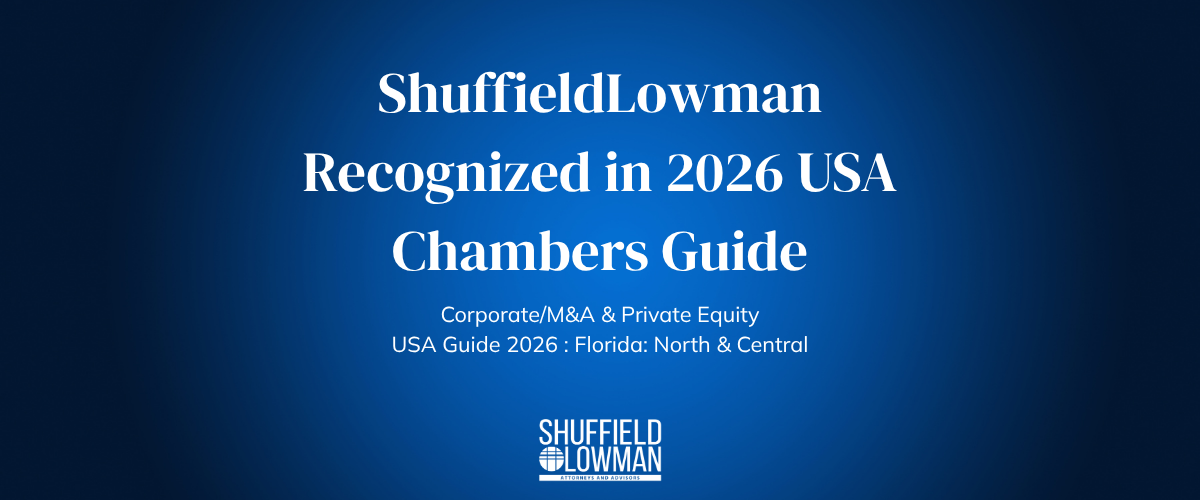 A blue image that says 'ShuffieldLowman Recognized in 2026 USA Chambers Guide'