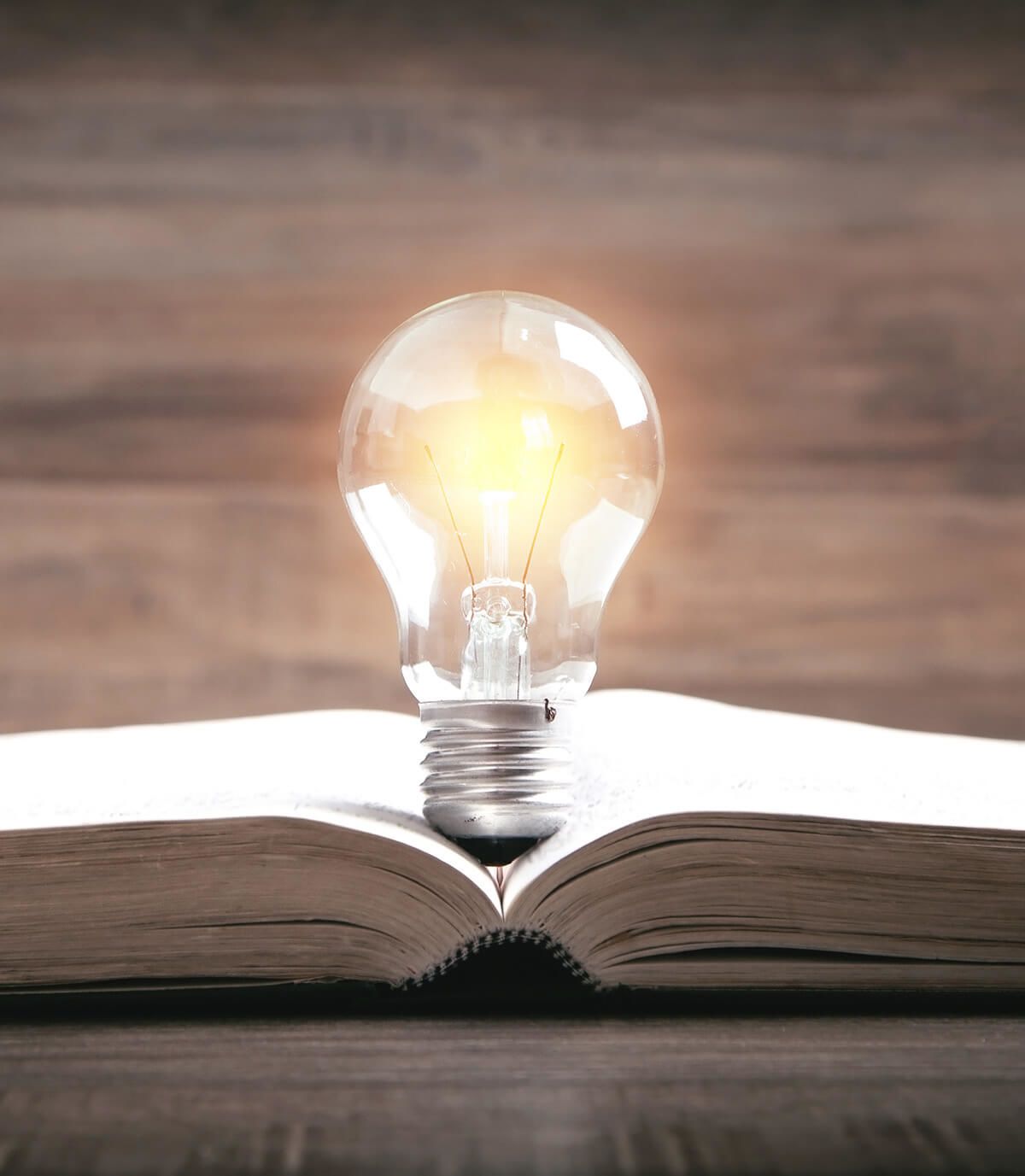 A lit lightbulb in a book.