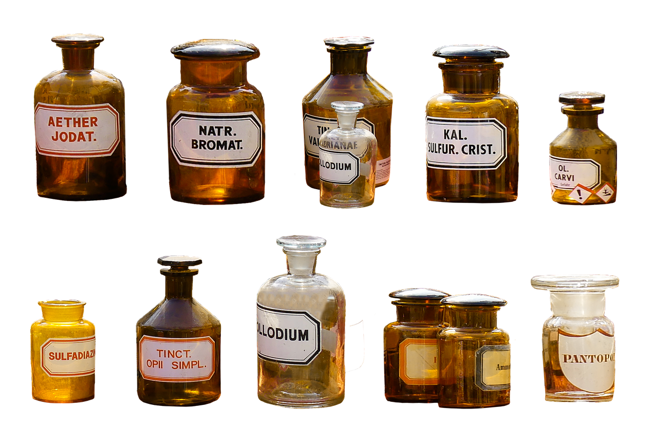 Old time Pharmacy glass bottles