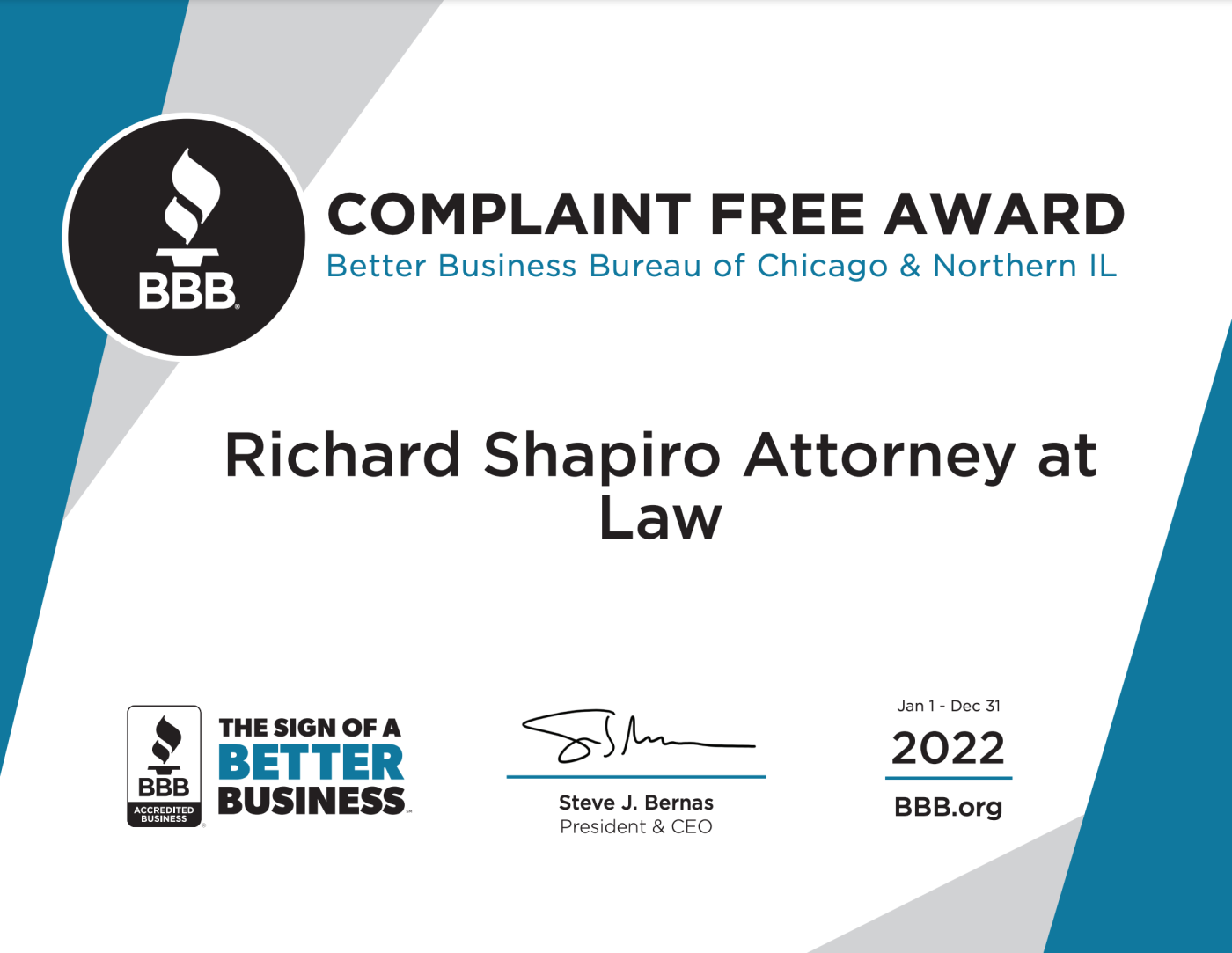 Better Business Bureau 2022 Richard Shapiro Complaint Free Award