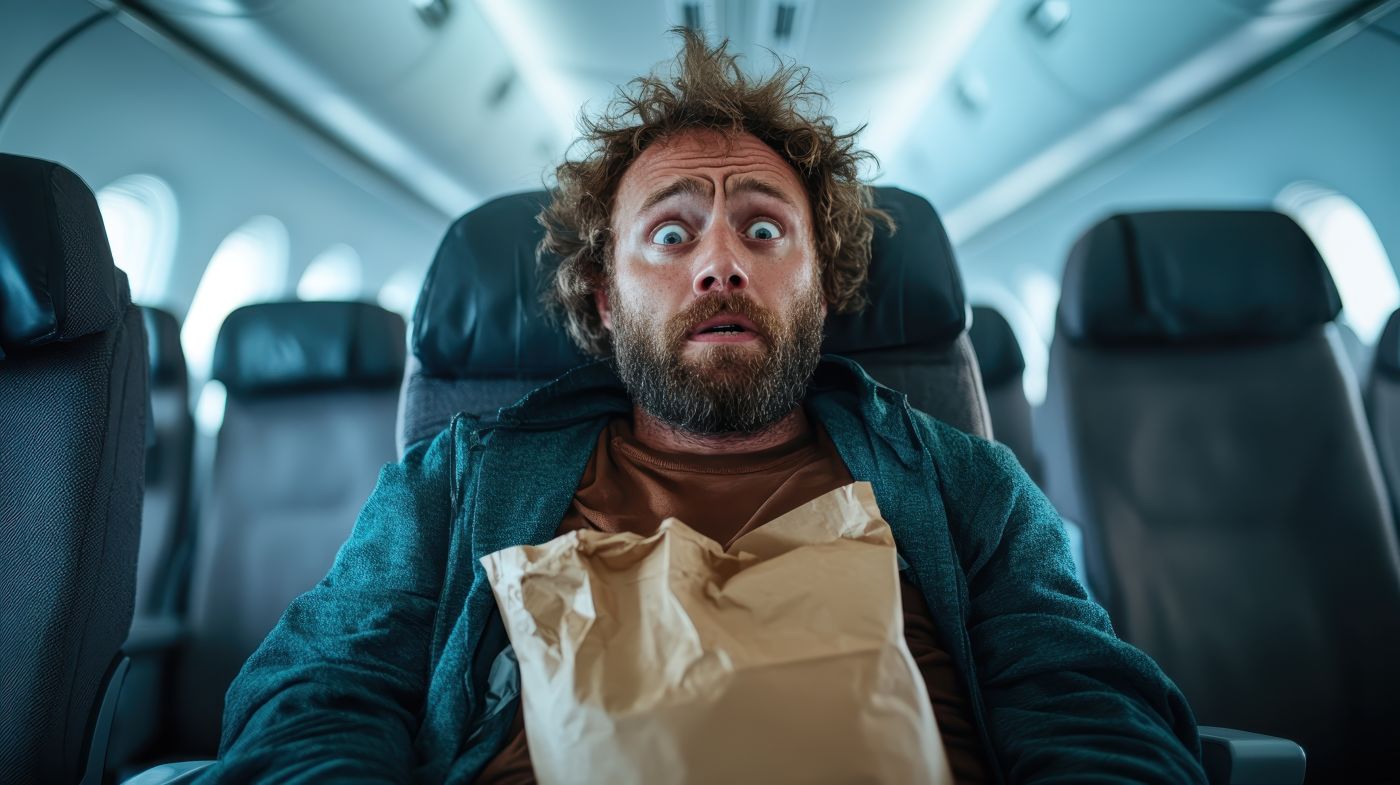 Flight passenger with frightened look on face during turbulence