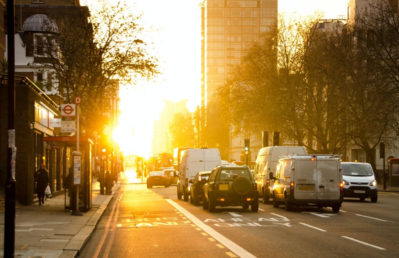 busy street at sunset