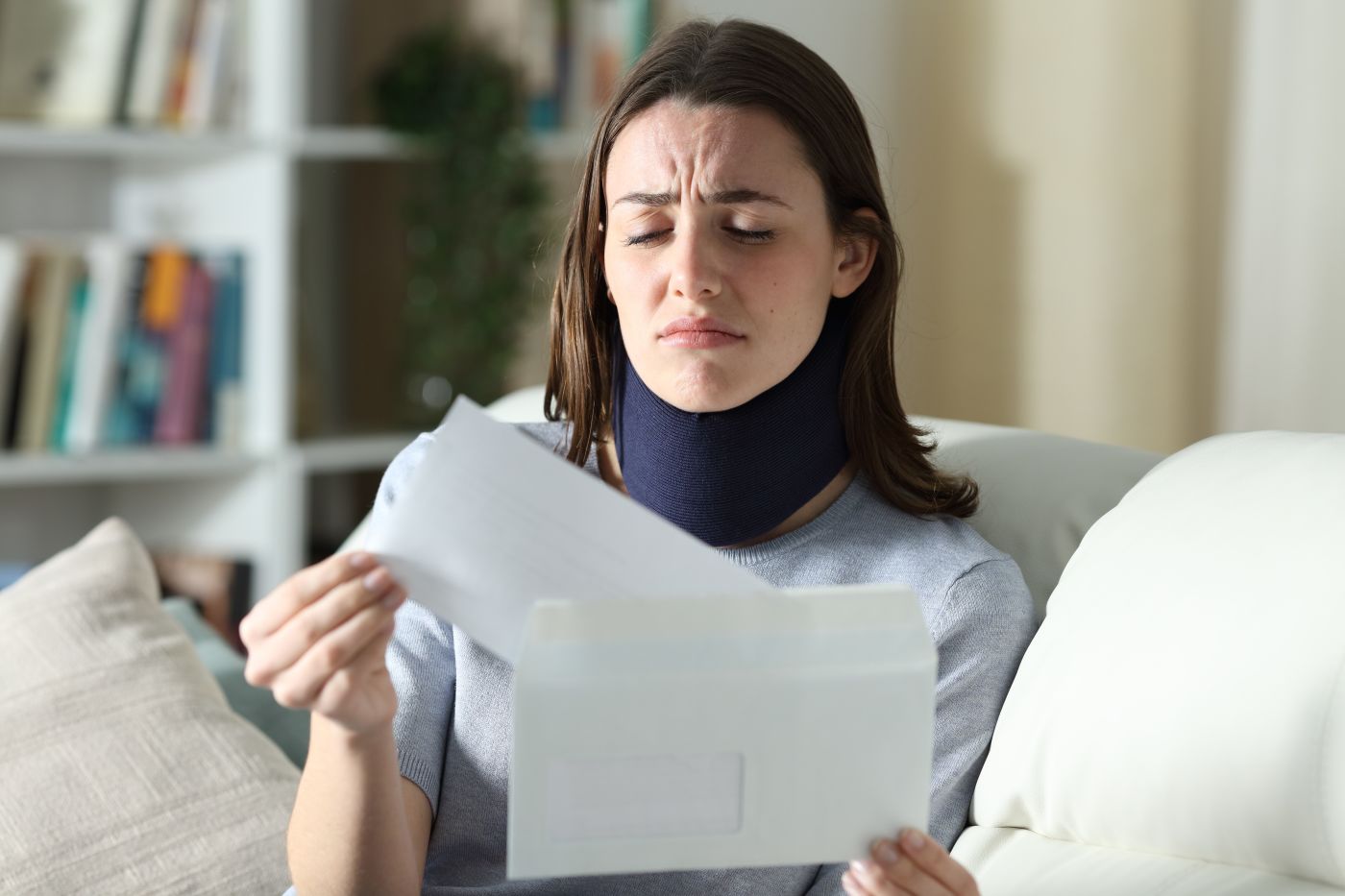 Sad women with neck injury reading claim denied letter