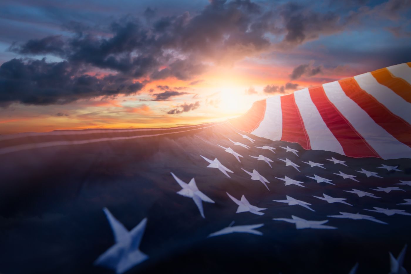 American flag and sunset