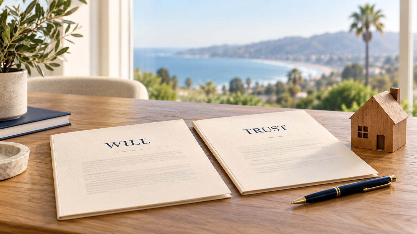 Documents labeled “Will” and “Trust” beside a wooden model house and pen, with the California coastline visible through an office window.
