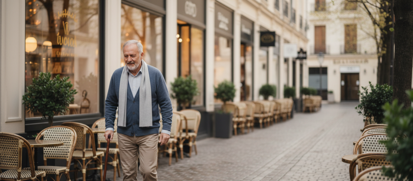 Mature man pausing on a cracked sidewalk outside a small cafe, steadying himself with a cane and looking carefully at the uneven pavement as morning light casts warm, soft tones over the scene.
