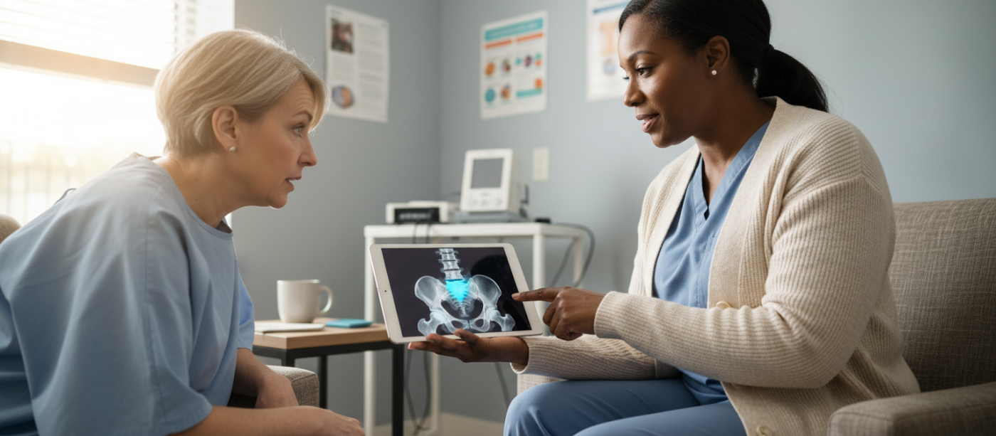 Close medium shot of a patient and clinician reviewing a spine MRI on a tablet in a warm, minimal private practice exam room; the clinician gestures at the image while the patient points and listens attentively.