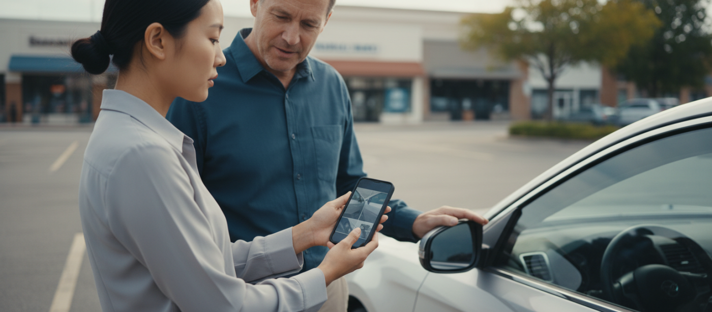 Close-up of an insurance adjuster and a driver reviewing photos of bumper damage on a smartphone beside a damaged sedan in a sunlit suburban parking lot, soft overcast lighting and shallow depth of field.