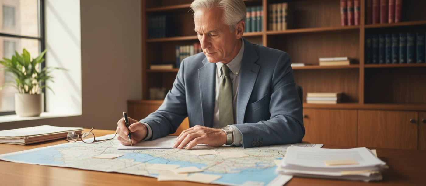 Law office desk with a detailed North Carolina map, legal papers, a hand holding a pen poised above the documents, and reading glasses on the table, lit by soft natural daylight. The scene is warm, uncluttered, and focused on careful review and planning.