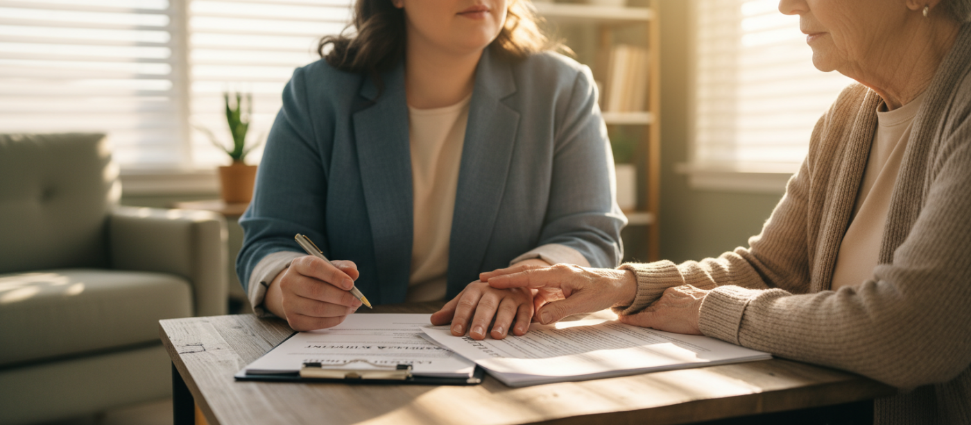 Attorney and client leaning across a small conference table, reviewing documents together in a warm, uncluttered office with soft golden backlight and a shallow focus on hands and papers.
