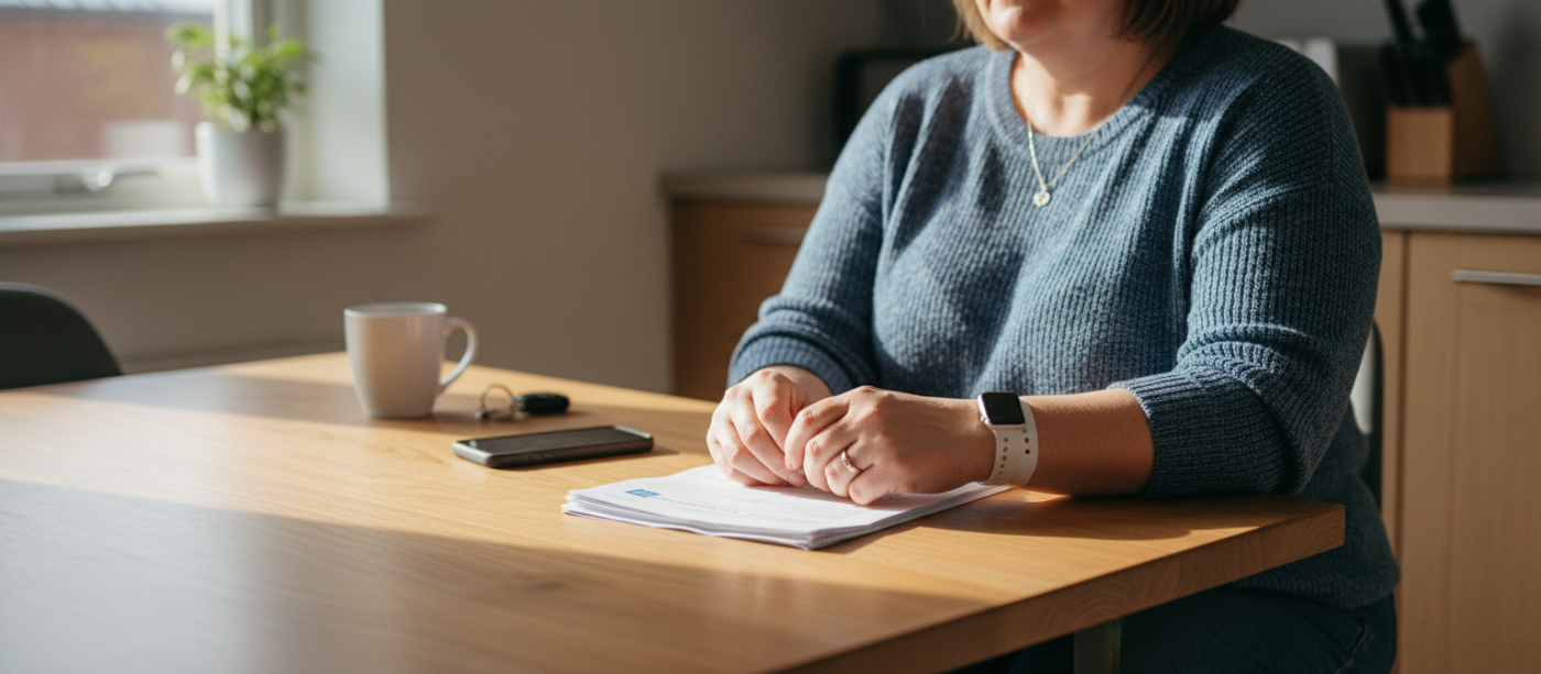 Close-up of a wristband and folded hospital discharge papers on a kitchen table next to a smartphone and car keys, lit by soft morning window light and framed with a shallow depth of field.
