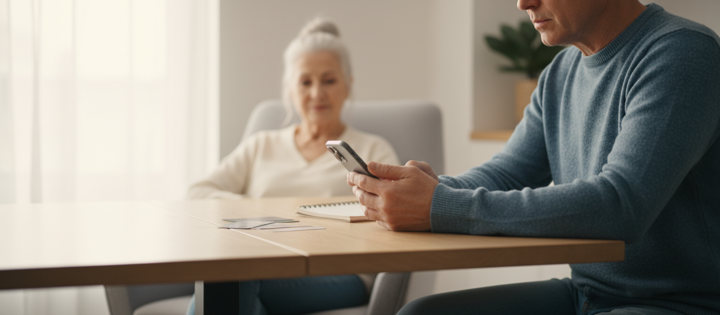 adult-on-phone-by-elder-parent-kitchen-table