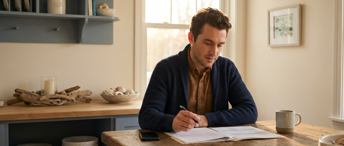 working-parent-reviewing-paperwork-kitchen