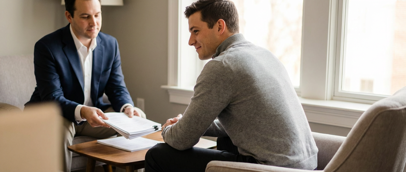 Attorney and client in a small office consultation, the attorney hands neatly organized papers across a table while the client leans forward attentively; natural window light and warm tones create a welcoming, professional atmosphere.