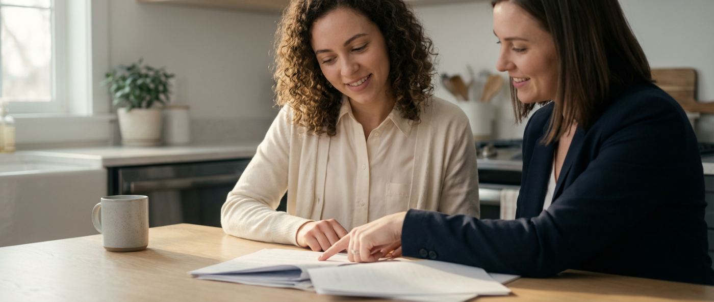 Woman reviewing paperwork with her lawyer at kitchen table