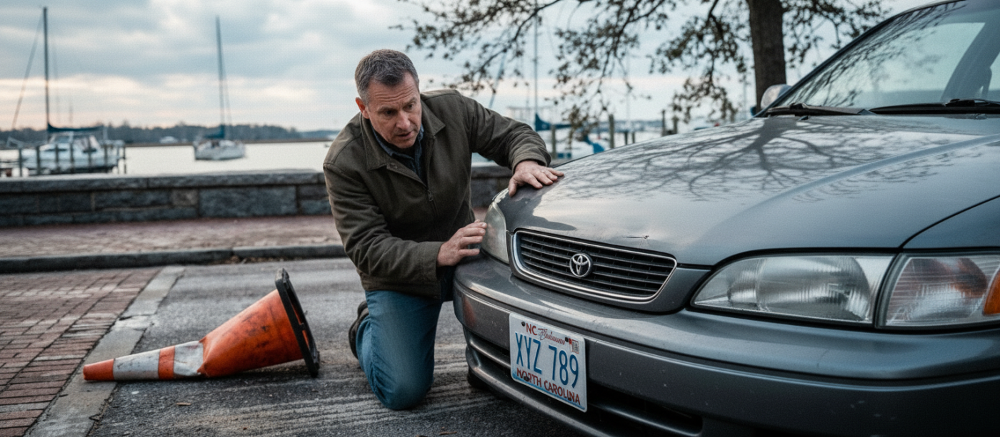 Low-angle close-up of a parked sedan’s rear bumper and license plate with small scuff marks and a flattened cone on a brick downtown street, the Cape Fear River softly blurred in the background to suggest location and resilience after an incident.