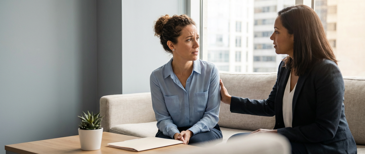 Warm natural-light photo of a concerned working mother speaking with a professional in a calm modern office, showing a reassuring hand on her arm and soft, uncluttered surroundings to convey trust and understanding.