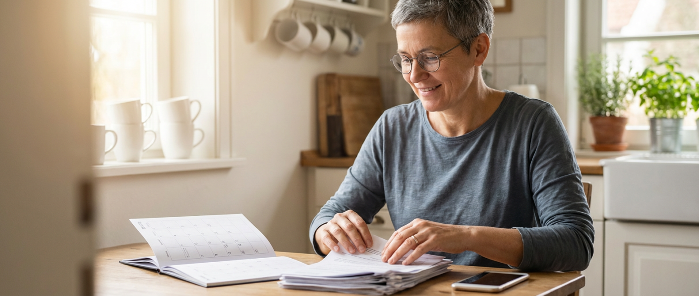 Parent at a kitchen table reviewing papers and a calendar with a phone nearby, photographed in warm natural light with a calm, reassuring expression.