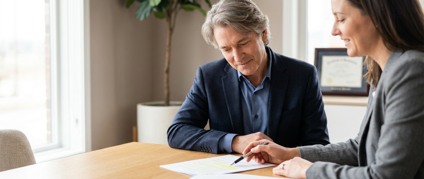 Person and legal professional reviewing neatly organized papers at a wooden table in a modern office, lit by soft side window light to create a calm, warm atmosphere.