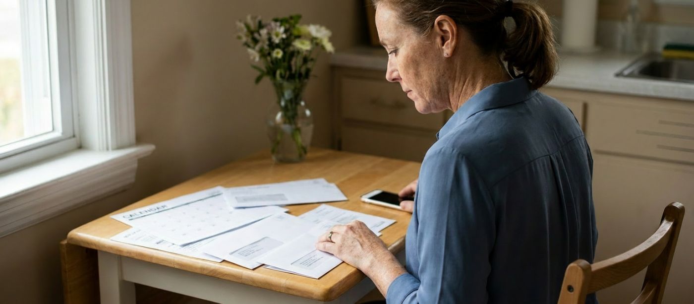 A mother at a kitchen table reviews medical bills and a calendar with a phone nearby, bathed in soft morning light that emphasizes a calm, focused moment of decision-making.