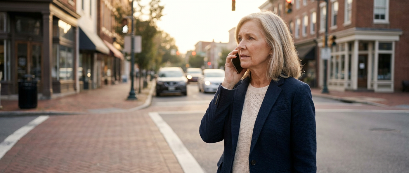 Person on phone in a crosswalk during the morning