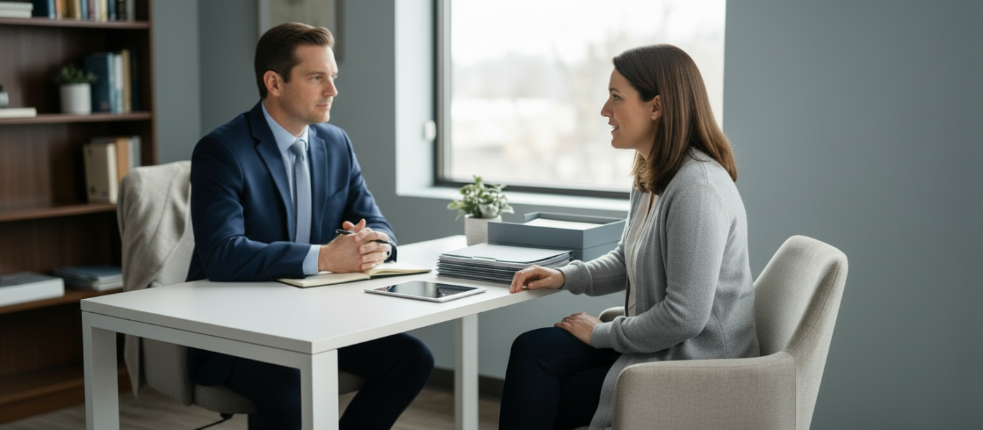 Warm Wilmington office interior with a tidy white desk holding a tablet and neatly arranged case notes in a tray, and an upholstered guest chair pulled slightly out under soft natural light while an attorney speaks with a client.